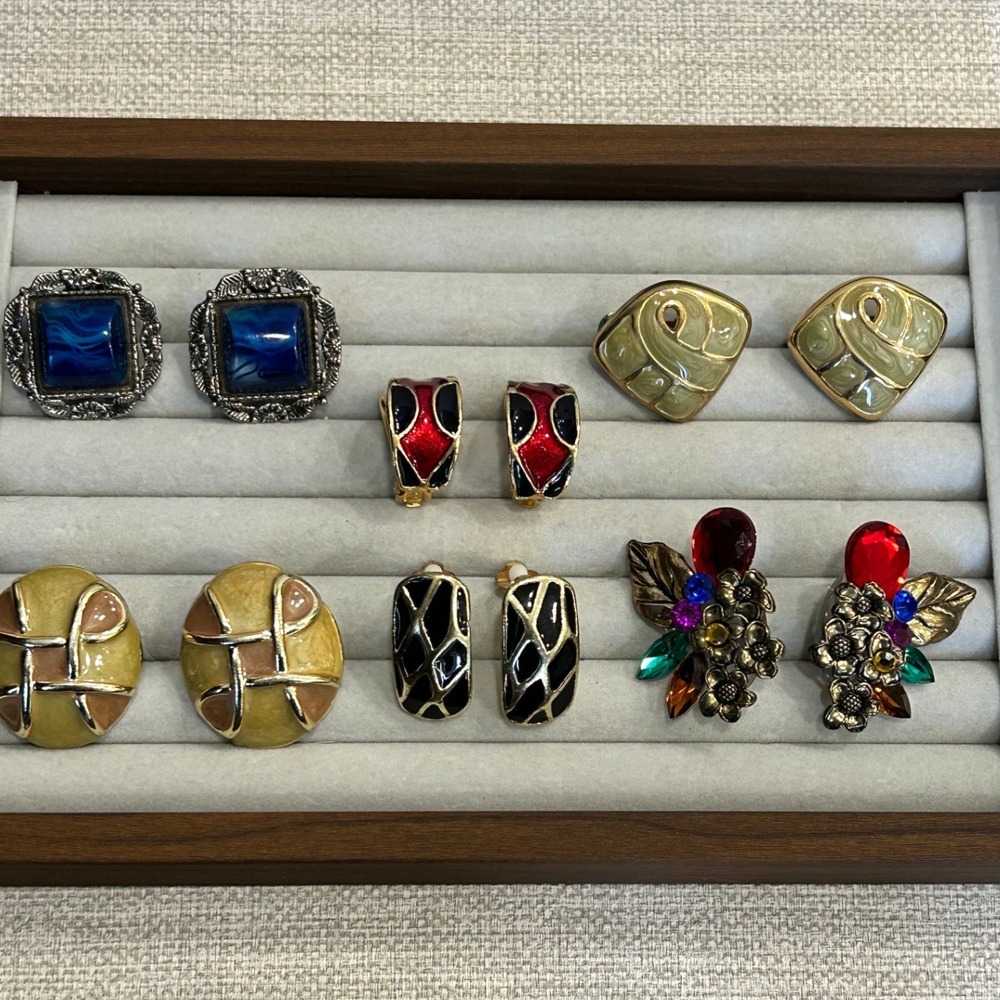 Clip On Earrings Lot 6 Pairs Enamel Rhinestone Geometric Vintage Floral 80s